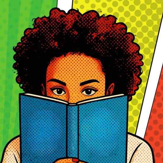 Tegneserieillustration: person med afro kigger op bag en åben, blå bog.