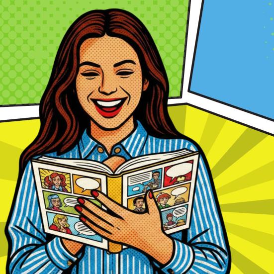 Illustration af en smilende person, der læser en tegneserie.