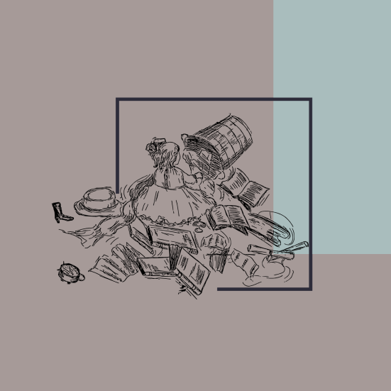 Pige, der har tømt en kurv med diverse indhold ud omkring sig