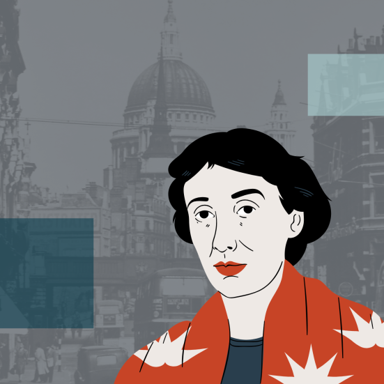 Billedet viser en tegning af Virginia Woolf og London i baggrunden