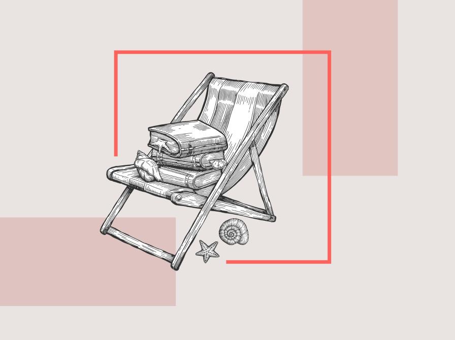 Illustration af en liggestol med en stak bøger og små strandskaller.