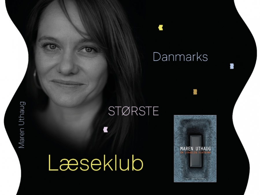 Illustration til Danmarks største læseklub med foto af Maren Uthaug og hendes roman "En lykkelig slutning"